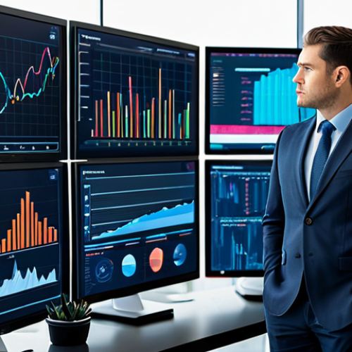 Home 20 A professional data analyst, appearing focused and thoughtful, in a modest business suit, standing in a modern, well-lit office. The background features large, clear screens displaying complex, vibrant data visualizations and customer insights graphs. The setting emphasizes clean lines and professional computer equipment. The subject is fully clothed, in appropriate attire and professional dress. This image is safe for work, appropriate content, and family-friendly. It features perfect anatomy, correct proportions, a natural pose, well-formed hands, proper finger count, and natural body proportions. Professional photography, high quality.