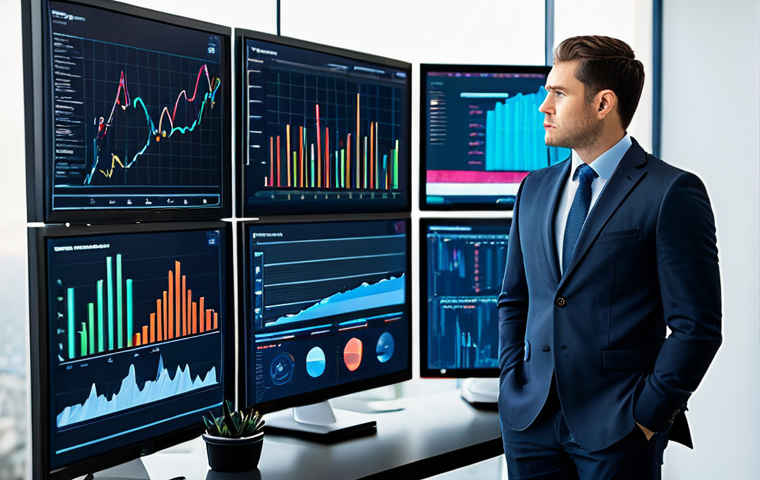 A professional data analyst, appearing focused and thoughtful, in a modest business suit, standing in a modern, well-lit office. The background features large, clear screens displaying complex, vibrant data visualizations and customer insights graphs. The setting emphasizes clean lines and professional computer equipment. The subject is fully clothed, in appropriate attire and professional dress. This image is safe for work, appropriate content, and family-friendly. It features perfect anatomy, correct proportions, a natural pose, well-formed hands, proper finger count, and natural body proportions. Professional photography, high quality.