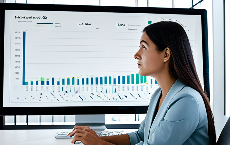 A professional female content strategist, fully clothed in a modest, contemporary business-casual outfit, is thoughtfully interacting with data. She is seated at a clean, ergonomic desk in a brightly lit, modern office space. On a sleek transparent screen before her, abstract data visualizations subtly transform into organic, flowing shapes that evoke human figures and narratives, symbolizing the empathetic interpretation of numbers into compelling stories. Her expression conveys deep understanding and genuine curiosity. The environment is minimalist and calm, emphasizing focus and clarity. This image embodies "Andare Oltre i Numeri" (Going Beyond the Numbers) and the human-centric approach to data. safe for work, appropriate content, perfect anatomy, correct proportions, natural pose, professional photography, high quality.